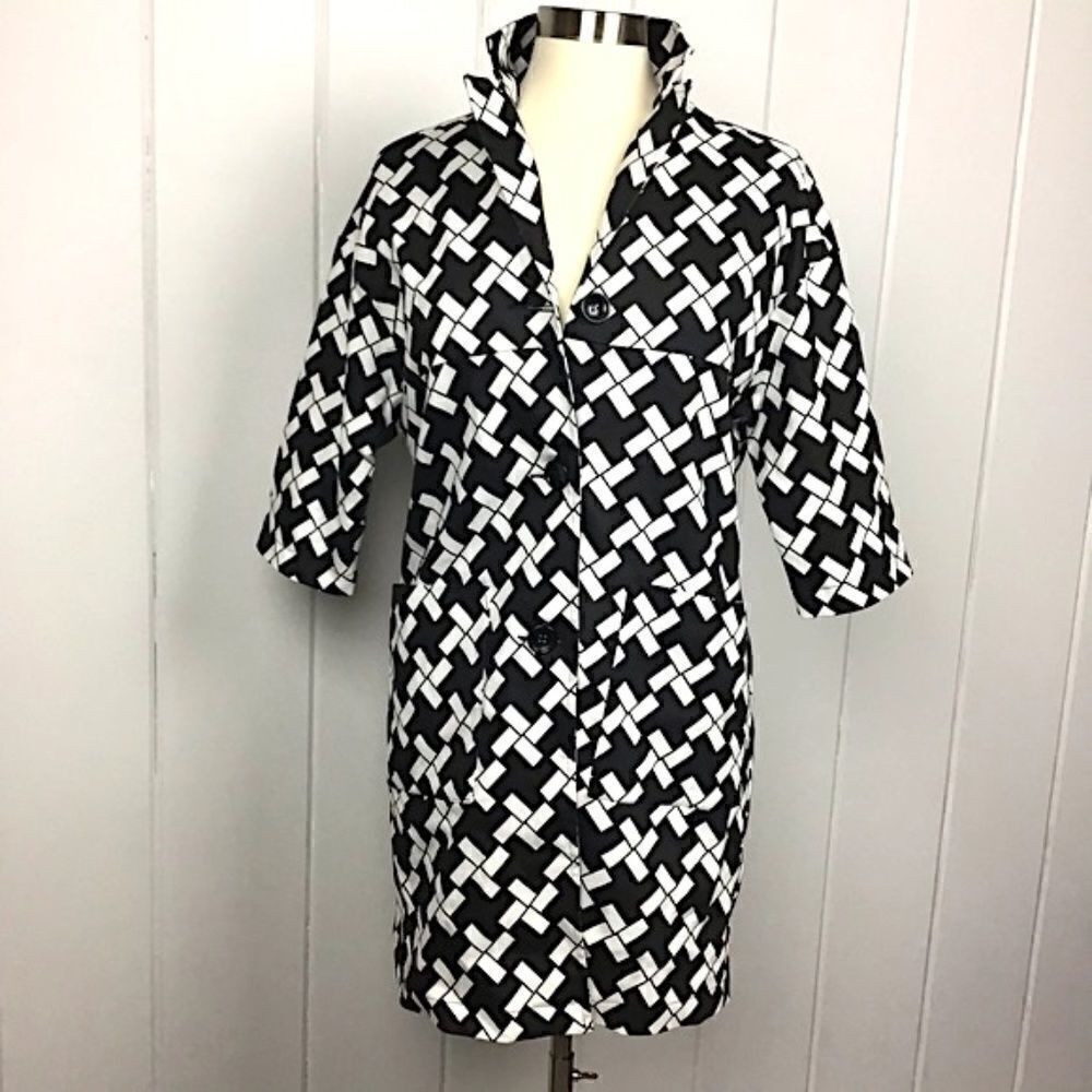 NWT Tulle Black White 1/2 Sleeve Trench Jacket S‎